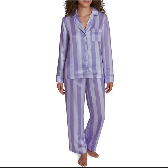 LOFT satin purple stripe notch collar pajama set medium - Picture 1 of 9